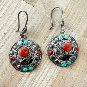 Vintage Boho silver coral and turquoise dangle disc earrings